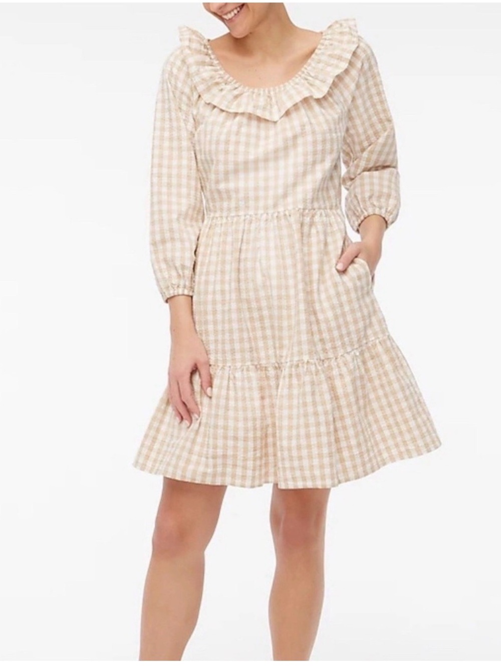 J. Crew NWT Seersucker Ruffleneck Mini Dress Woman 8 White & Beige Gingham